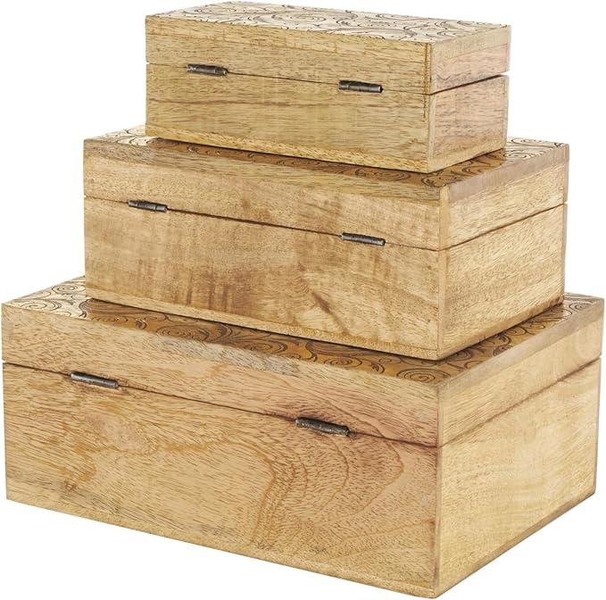 Deco 79 Mango Wood Scroll Handmade Decorative Box Storage Decorative Keepsake Box with Gold Accents, Set of 3 Storage Box 11", 9", 7"W, Brown
