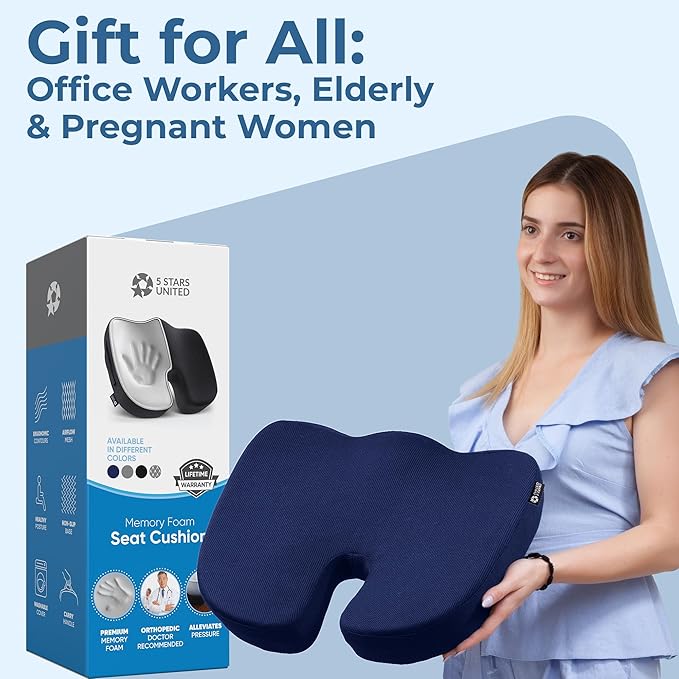 5 STARS UNITED Seat Cushion for Tailbone Pain Relief ā Memory Foam Cushion for Coccyx, Hip, Sciatica & Post-Surgery Recovery ā Wheelchair, Car, Desk, Gaming & Office Chairs, Blue, X-Large