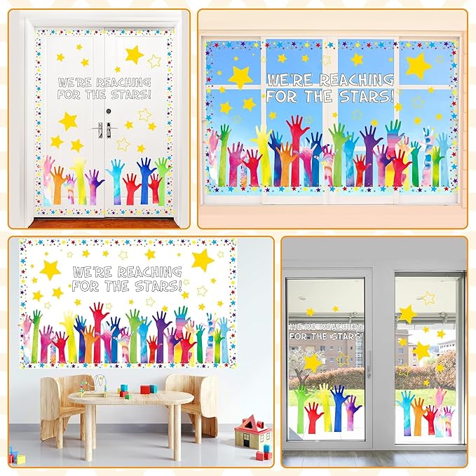 Reach for The Stars Bulletin Board Set Welcome Back to School Bulletin Board Colorful Stars Hands Cutouts for Inspirational Motivational Classroom Decoration Educational Learning Activities Supplies