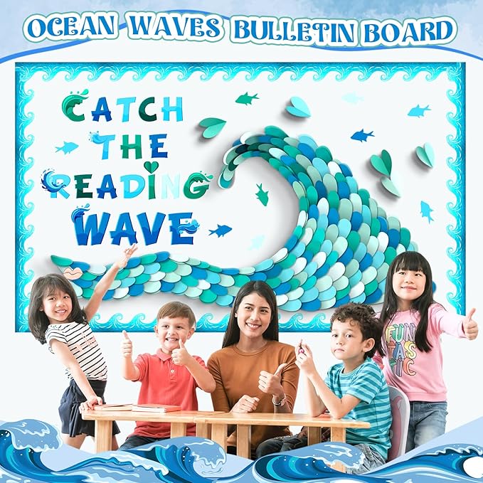 Epakh DIY Ocean Waves Bulletin Board Set Ocean Theme Classroom Decorations Blue and White Fish Heart Shaped Paper Cutouts with Waves Borders for Summer Back to School Office Library Supplies