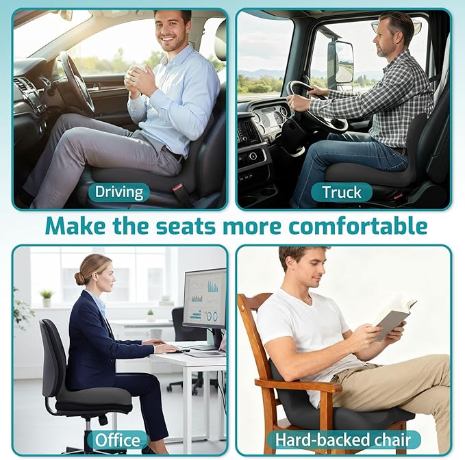 Memory Foam Seat Cushion,Office Chair Cushion with Lumbar Support for Back Pressure Relief,Sciatica,Non Slip Car Seat Cushion with Strap,Pad Orthopedic Cushions for Car,Truck,Desk (D-Black)