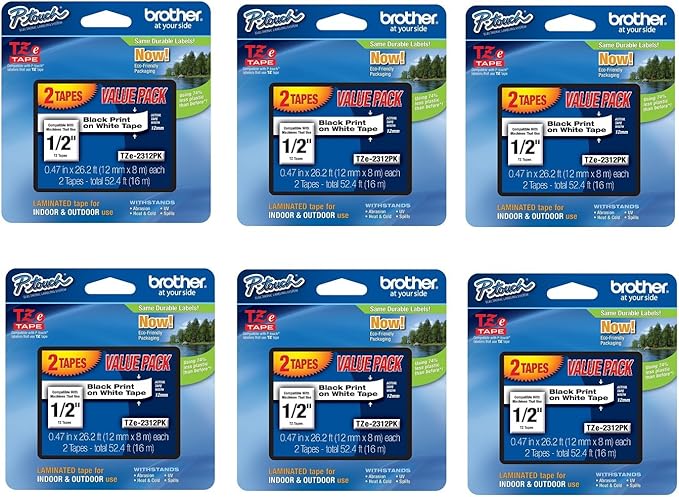 Brother Genuine P-touch, TZE2312PK, 1/2" (0.47") Standard Laminated P-Touch Tape, Black on White, Laminated for Indoor or Outdoor Use, Water Resistant, 26.2 Feet (8M),12 count (Pack of 6)