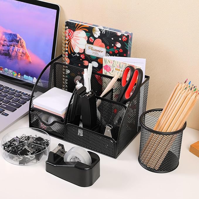 SKYDUE Black Office Supplies, Mesh Desk Organizer, Stapler, Tape Dispenser, Scissors, Binder/Paper Clips and 1000pcs Staples, Desk Supplies Set