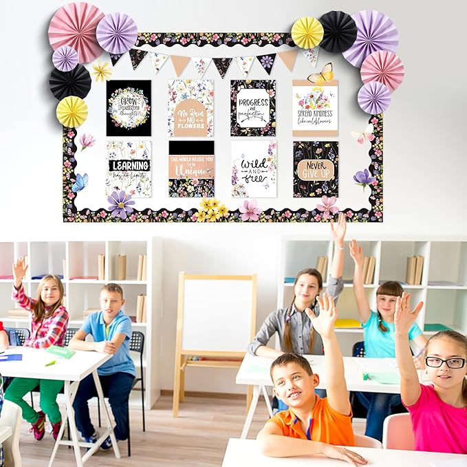 Pajean 62 Pcs Wildflower Classroom Bulletin Board Decorations with 3D Paper Fans Inspirational Posters Cutouts Floral Positive Bulletin Board Set Motivational for School Classroom Home Decorations