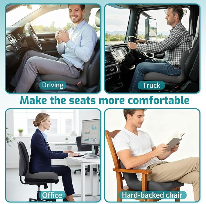 Memory Foam Seat Cushion,Office Chair Cushion with Lumbar Support for Back Pressure Relief,Sciatica,Non Slip Car Seat Cushion with Strap,Pad Orthopedic Cushions for Car,Truck,Desk (D-Dark Grey)