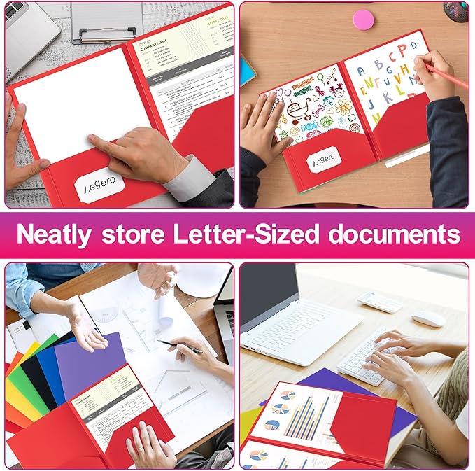 Plastic Folders with Pockets (7 Pack, Pink), Durable Heavy Duty File Folders with Business Card Slot, 2-Pocket Folder for Schoolwork & Office,Letter Size