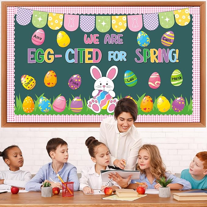 Easter Bulletin Board Decoration Set Spring Bunny Writable Easter Egg Paper Cutouts We are Egg Cited for Spring Classroom Decoration for Party School Classroom Home Nursery Chalkboard Wall Decor