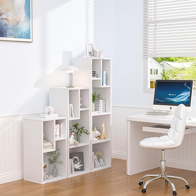 VECELO Small White Bookshelf, 5 Cube Slim Bookcase, Fits Tallest Hardcovers, Horizontal Available, Modern Floor Standing Unit, Each Shelf Hold Up to 66 LBS,White