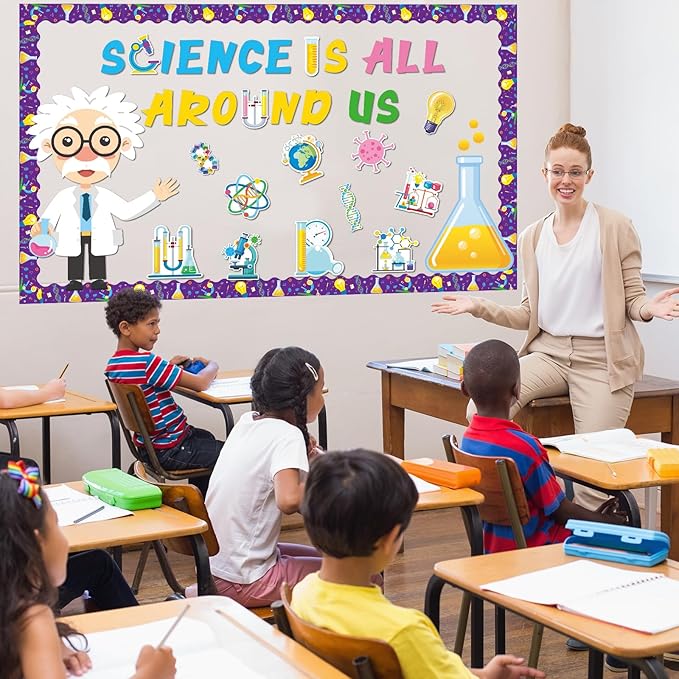 party greeting Science Bulletin Board Set Science is All Around Us Classroom Decoration Scientist Lab Paper Cutouts Bulletin Board Border for Wall Decor Teacher Must Haves Back to School Supplies