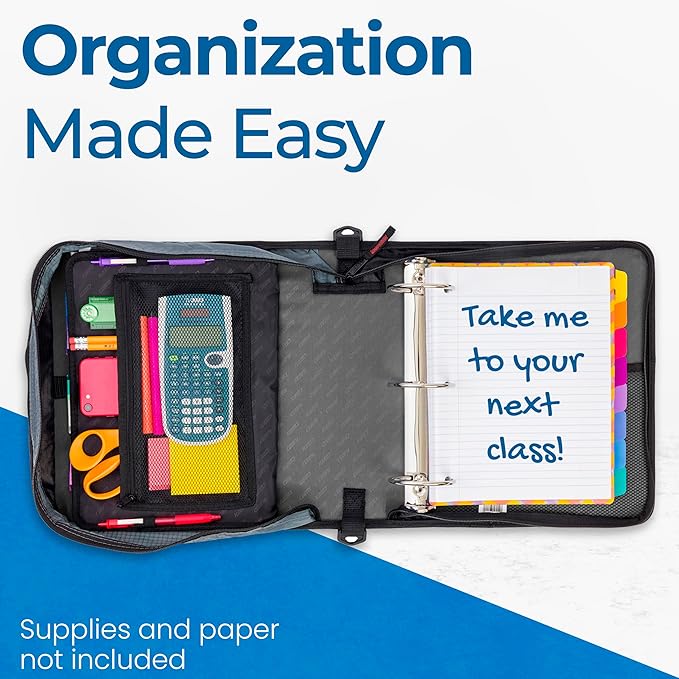 Case-it Mighty Zip Tab School Zipper Binder | 3-Inch O-Rings, 600-Sheet Capacity, 5-Subject Expanding File Folder, Multiple Pockets & Storage Organizer, Shoulder Strap | D-146 Jet Black | 6 Pack