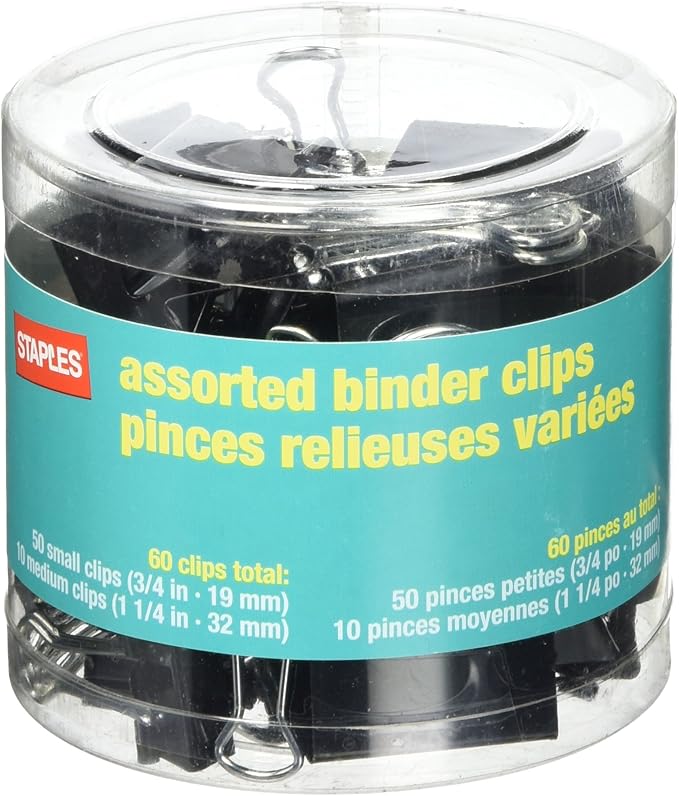 STPL Staples Binder Clips, Assorted Sizes, Black, 60-Pack