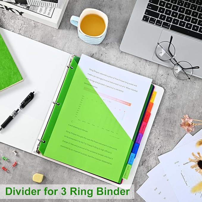 8-Tab Binder Dividers - Index Pockets Divider for 3 Ring Binders, 3-Hole Plastics Sheets Protectors for US Letter Size in 0.5'', 1'', 2'', 3 inch Binders, 8 Colors (XY004) (12 Packs)