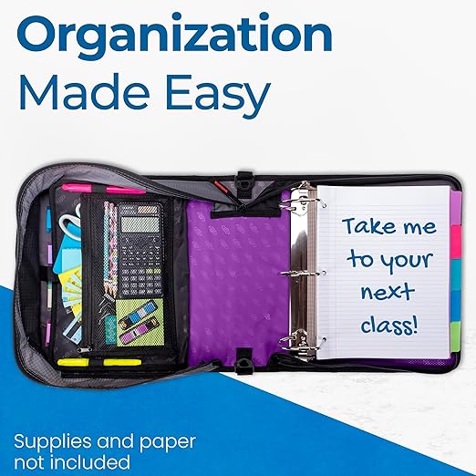 Case-it The King Sized Zip Tab Zipper Binder - 4 Inch D-Rings - 5 Subject File Folder - Multiple Pockets - 800 Sheet Capacity - Comes with Shoulder Strap - Deep Purple D-186