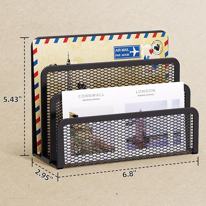 Marbrasse Mail Organizer for Desk, 3-Slot Mesh Metal Mail Holder countertop, Letter Holder, Office Desktop Envelope and Document Storage Rack (2P)