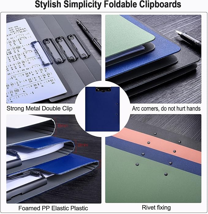 Clipboard Folder, A4 Foldable Clipboards, Office Clipboard Folder with Double Clips Metal Clip, 360 Degree Foldable Storage Clipboards for Office, School or Medical Field, Blue