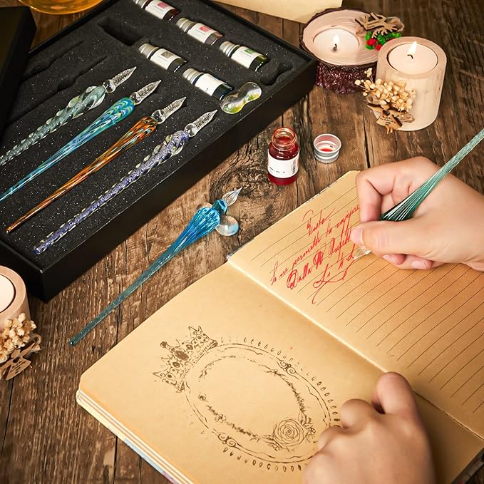 Zonon Glass Dipped Pen Ink Set 14 Pcs Include 6 Pcs Glass Dip Pen, 6 Colorful India Ink and 2 Holder Crystal Signature Calligraphy for Art, Writing, Gift(Green Color System)