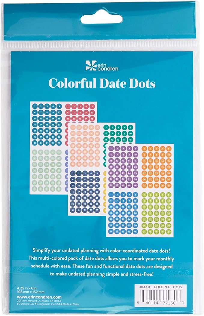 Erin Condren Colorful Calendar Date Dots, 12 Sheets of Multicolor Number Stickers for Undated Planners and Calendars, Monthly Date Dot Stickers for Easy Scheduling and Planning