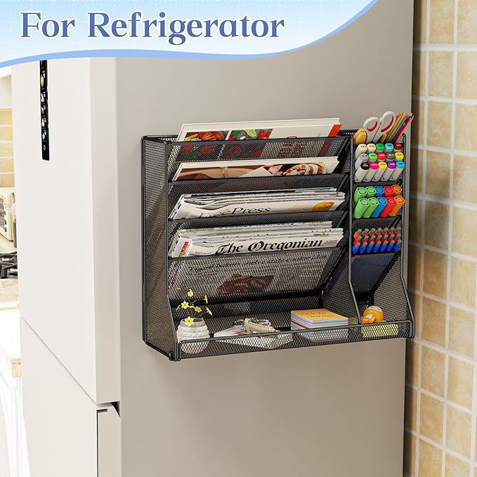 Magnetic File Organizer 5-Tier, No Drilling Installation, Office Magnetic Paper Holder with R-shaped Tray, Wall Hanging File Organizer, Mail Organizer for Refrigerator & Whiteboard & File Cabinet
