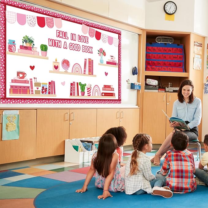 Valentine's Day Reading Bulletin Board Decorations Set, Bookshelf Cutouts with Heart Bulletin Board Borders Valentines Library Classroom Decorations Chalkboard Wall Door Decor for Home Office 70Pcs