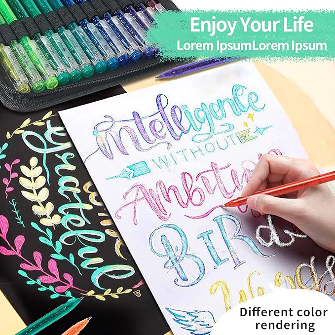 ZSCM 48 Pack Metallic Glitter Gel Pens Set, 24 Colors Sparkle Gel Pens with 24 Glitter Pen Refills in Canvas Bag for Adult Coloring Book Drawing Crafts Scrapbooks Journaling