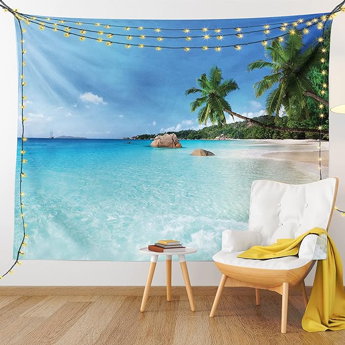 Ambesonne Ocean Tapestry, Anse Lazio Beach at Praslin Island Surfing Beach Scenic View Travel, Wall Hanging for Bedroom Living Room Dorm Decor, 40" X 60", Blue and Turquoise