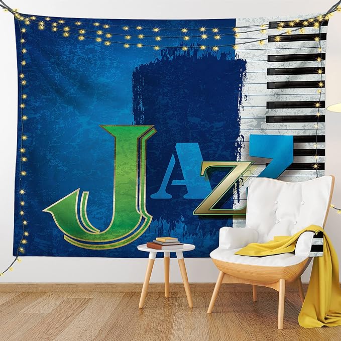 Ambesonne Jazz Music Tapestry, Abstract Cracked Background Piano Keys Themed Print Rhytym Image, Fabric Wall Hanging Decor for Bedroom Living Room Dorm, 23" X 28", Navy Green White