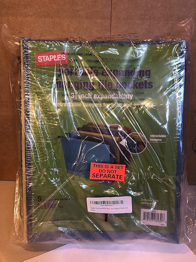Staples Poly Expanding Hanging File Pockets, Letter, Assorted, 5/Pack (2 Packs of 5)