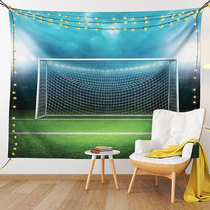 Ambesonne Soccer Tapestry, Soccer Goal Post Sports Area Winner Loser Line Floodlit Best Team Finals Game Theme, Fabric Wall Hanging Decor for Bedroom Living Room Dorm, 45" X 30", Green and Blue