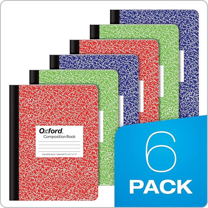 Oxford Composition Notebook,College Ruled Paper,9-3/4 x 7-1/2 Inches,100 Sheets,Assorted Marble Covers. 2 Each: Blue,Green,Red (63763),6 Count (Pack of 4)