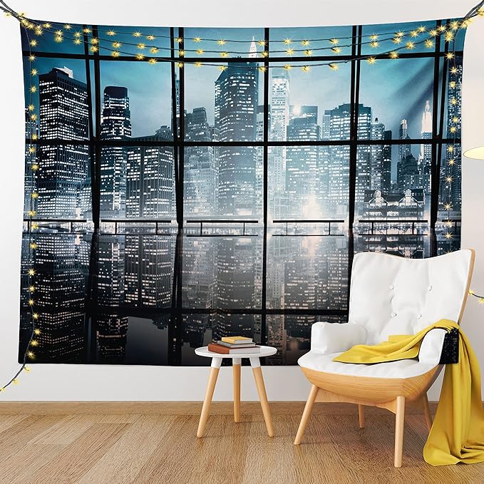 Ambesonne Modern Tapestry, Modern New York City Scenery at Night with Skyscrapers Buildings Print, Fabric Wall Hanging Decor for Bedroom Living Room Dorm, 23" X 28", Black Blue