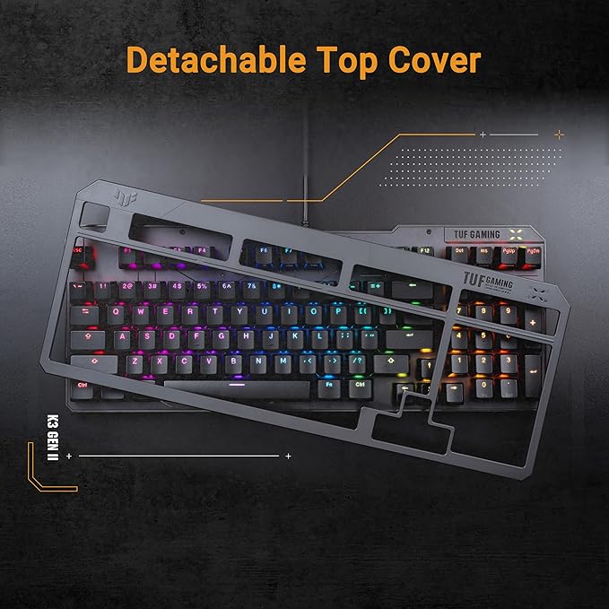 ASUS TUF Gaming K3 Gen II Wired USB Gaming Keyboard – 97-Key Compact Layout, Optical-Mechanical Blue (Clicky) Switches, PBT Keycaps, Detachable Top Plate, IP57 Waterproofing, PC/Mac Support - Black