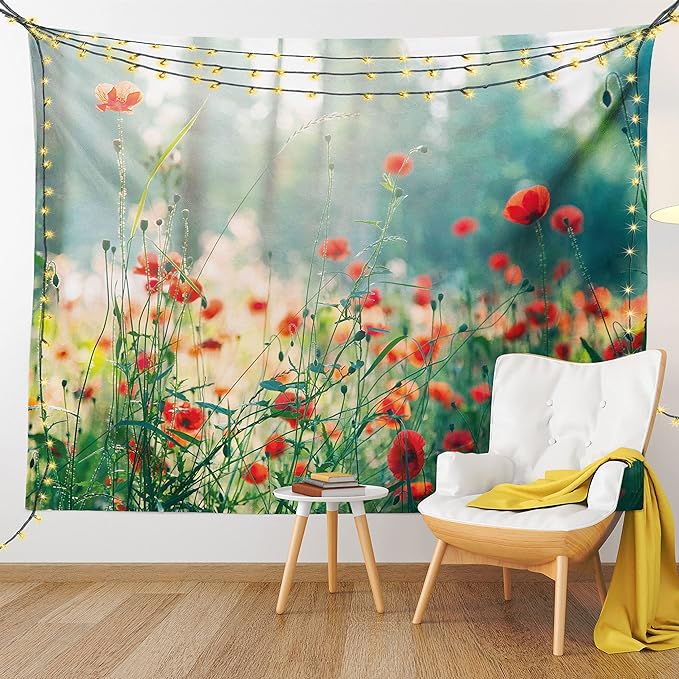 Ambesonne Nature Tapestry, Wild Red Poppy Flowers Field Summertime Sunbeams Gardening Bedding Plants, Wide Wall Hanging for Bedroom Living Room Dorm, 80" X 60", Red Green Yellow