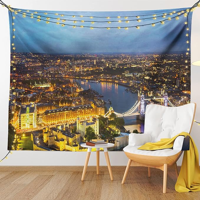 Ambesonne Modern Tapestry, Sunset at London England Cityscape Night Time and Tower Bridge Landmark Urban, Fabric Wall Hanging Decor for Bedroom Living Room Dorm, 45" X 30", Yellow Bluegrey