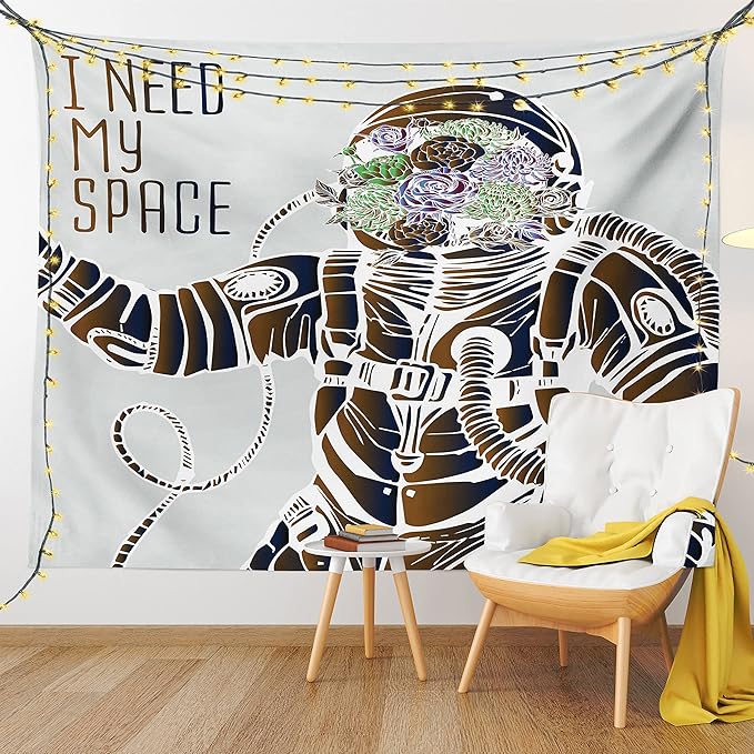 Ambesonne Outer Space Tapestry, Funny Love Words with a Floral Head Cosmonaut Pilot Man Humor Illustration, Wall Hanging for Bedroom Living Room Dorm Decor, 40" X 60", Grey Brown