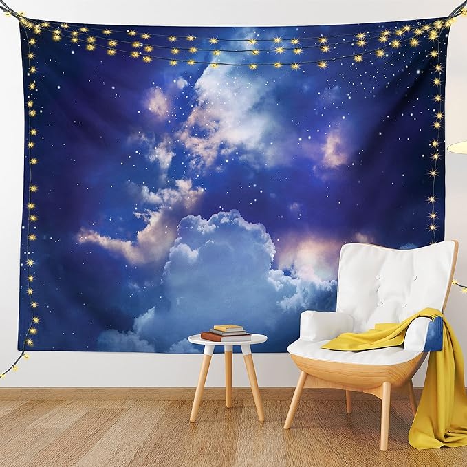 Ambesonne Space Tapestry Queen Size, Magic Sky View with Star and Clouds Celestial Colorful World Cosmic Expanse Theme, Wall Hanging Bedspread Bed Cover Wall Decor, 88" X 88", White and Blue