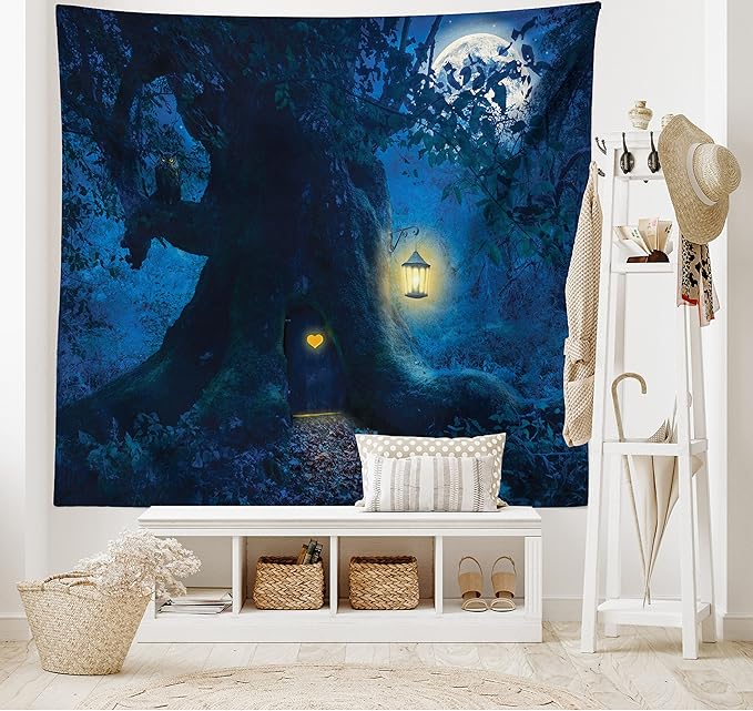 Ambesonne Fantasy Tapestry, Night with a Little Home in The Trunk of an Tree in The Woods Print, Wide Wall Hanging for Bedroom Living Room Dorm, 80" X 60", Indigo Blue