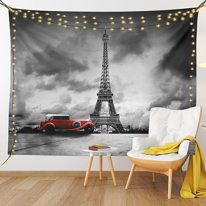Ambesonne Eiffel Tower Tapestry, Image of Eiffel Tower Paris France Vintage Car Street Dark Clouds, Fabric Wall Hanging Decor for Bedroom Living Room Dorm, 23" X 28", Black Red