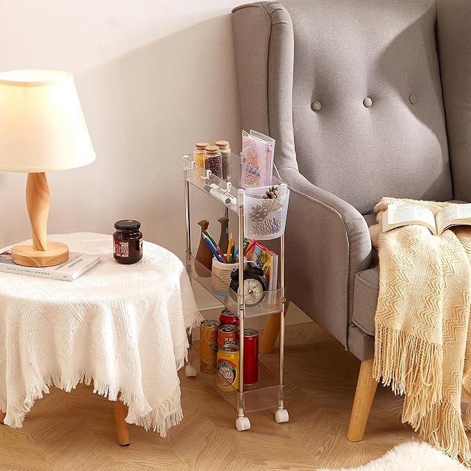 VECELO 3-Tier Acrylic Rolling Cart, Utility Cart for Kitchen Storage, Mobile Shelves Slide-Out Organizers with 2 Lockable Wheels&Hooks for Bathroom Laundry Room Living Room Office, Clear