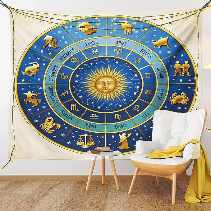 Ambesonne Astrology Tapestry King Size, Wheel of Astrological Signs Names Dates Moon Sun in Middle, Wall Hanging Bedspread Bed Cover Wall Decor, King Size, Blue Yellow and Cream