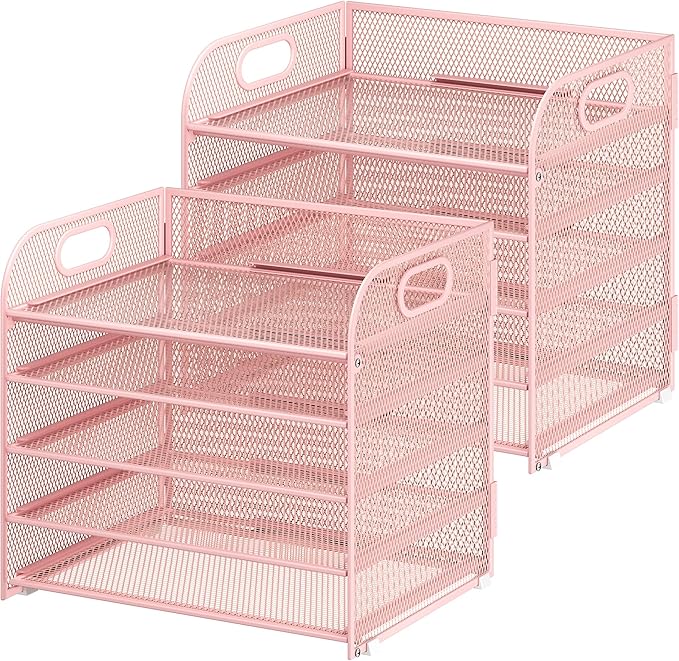 2 Pack 5 Tier Paper Organizer, Letter Tray with Handle, Mesh Desk Organizer, Metal File Organizer, Office Desk Accessories for Home, Office, Classroom, School -Pink