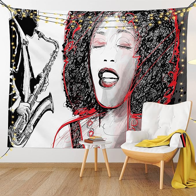 Ambesonne African Tapestry, Afro Lady Singing a Jazz Song with Saxophone Player Silhouette Vintage Design, Fabric Wall Hanging Decor for Bedroom Living Room Dorm, 45" X 30", Black Pale Grey