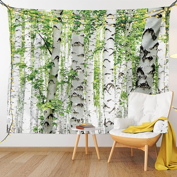 Ambesonne Woodland Tapestry, Birch Trees in The Forest Summertime Wildlife Nature Outdoors Themed Picture, Fabric Wall Hanging Decor for Bedroom Living Room Dorm, 30" X 45", White Green