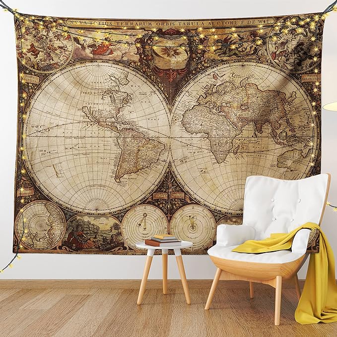 Ambesonne World Map Tapestry, Old World Map Drawn in 1720s Nostalgic Style Art Historical Atlas Vintage Design, Fabric Wall Hanging Decor for Bedroom Living Room Dorm, 28" X 23", Multicolor