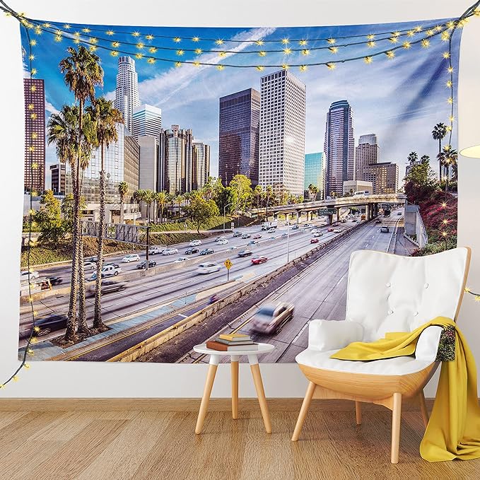 Ambesonne Travel Tapestry, Downtown Cityscape of Los Angeles California USA Avenue Buildings Palms Print, Wall Hanging for Bedroom Living Room Dorm Decor, 40" X 60", Blue Grey Green