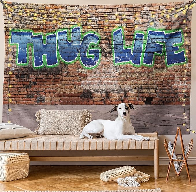 Ambesonne Thug Life Tapestry Twin Size, Graffiti Style Words on a Brick Wall Street Urban Art Hip Hop Rap Culture Theme, Wall Hanging Bedspread Bed Cover Wall Decor, 68" X 88", Brown Blue