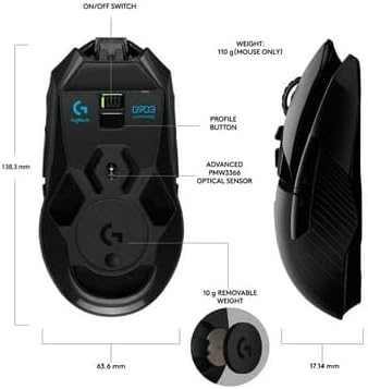 Logitech G903 Lightspeed Wireless Gaming Mouse w/Hero 25K Sensor, 140+ Hour with Rechargeable Battery and LIGHTSYNC RGB. POWERPLAY Compatible, Ambidextrous, 107g+10g Optional, 25,600 DPI - Black
