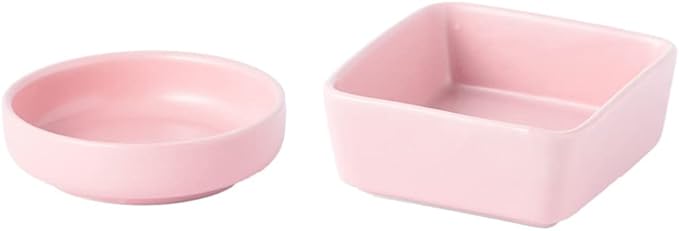 2pcs Ceramic Paper Clip Holder Set Round and Square Paper Clips Dispenser Kit Cute Pink Bowl and Plate for Desk Organizer Accessories and Home School Office Supplies (Pink)