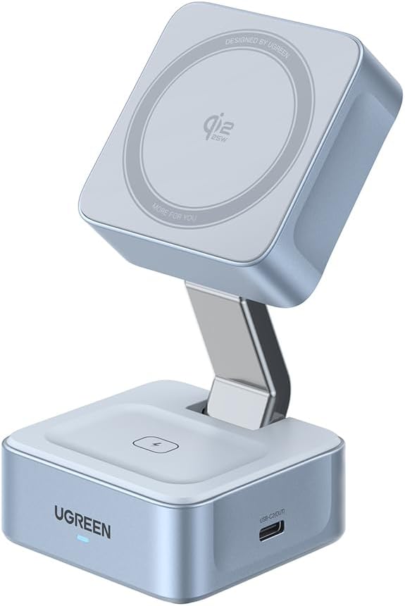 UGREEN Qi2 25W Magflow Wireless Charger Magsafe Charging Station 2-in-1 for iPhone 17/16/15/14/13/12 Pro Max, Fast Foldable Stand with USB-C Port, Compatible with AirPods, Dual Device Charging