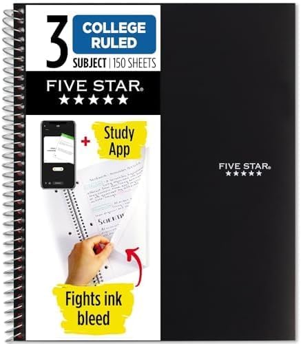 Five Star Spiral Notebook + Study App, 3 Subject, College Ruled Paper, Fights Ink Bleed, Water Resistant Cover, 8-1/2" x 11", 150 Sheets, Black (72069) (Pack of 6)