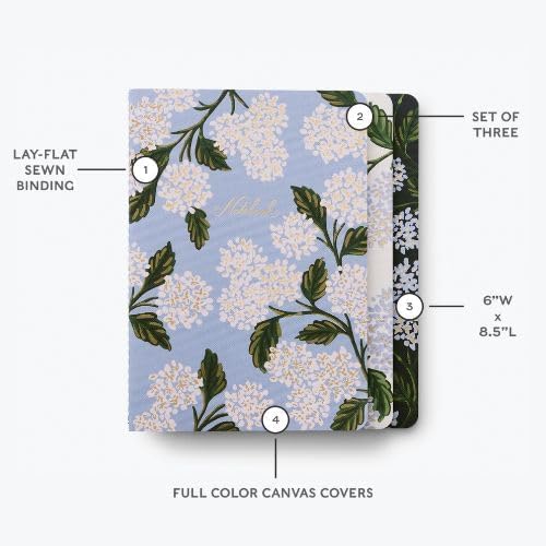 RIFLE PAPER CO. Stitched Notebook Set, 3-Pack Lined Journals with Canvas Paper Cover, Gold Foil Accents & 64 White Ruled Pages, Lay Flat Design | Hydrangea Pattern